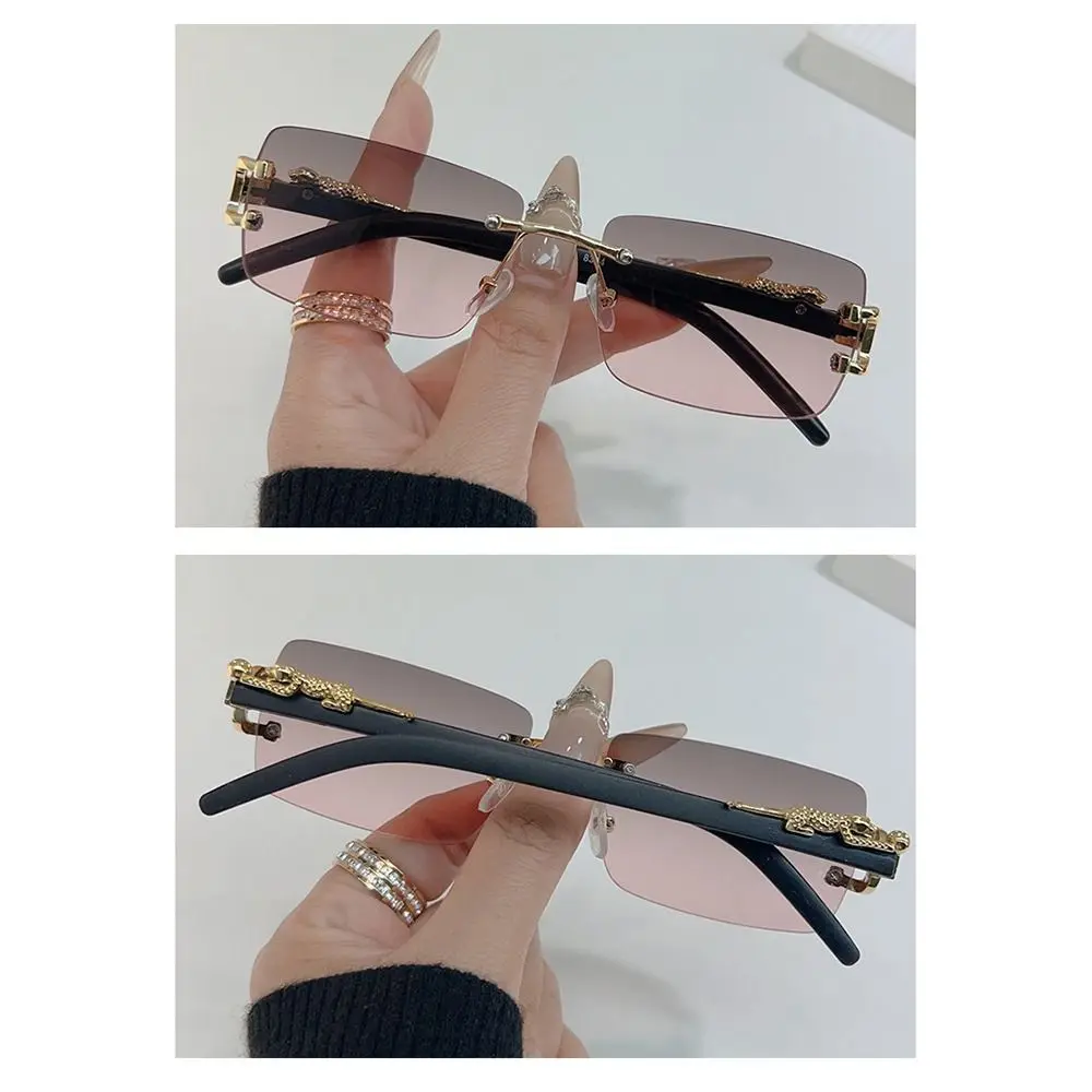 Trendy Leopard Decor Rectangular Sunglasses Cut-Edge UV400 Protection Rimless Shades Metal Frame Sun Glasses for Women & Men