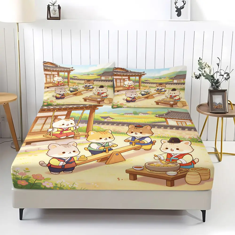 Kittens Playful Village Print Fitted Sheet Set Bed Sheet Set 4-Piece Digital Printed Duvet Cover Set for Dorm Home Decor