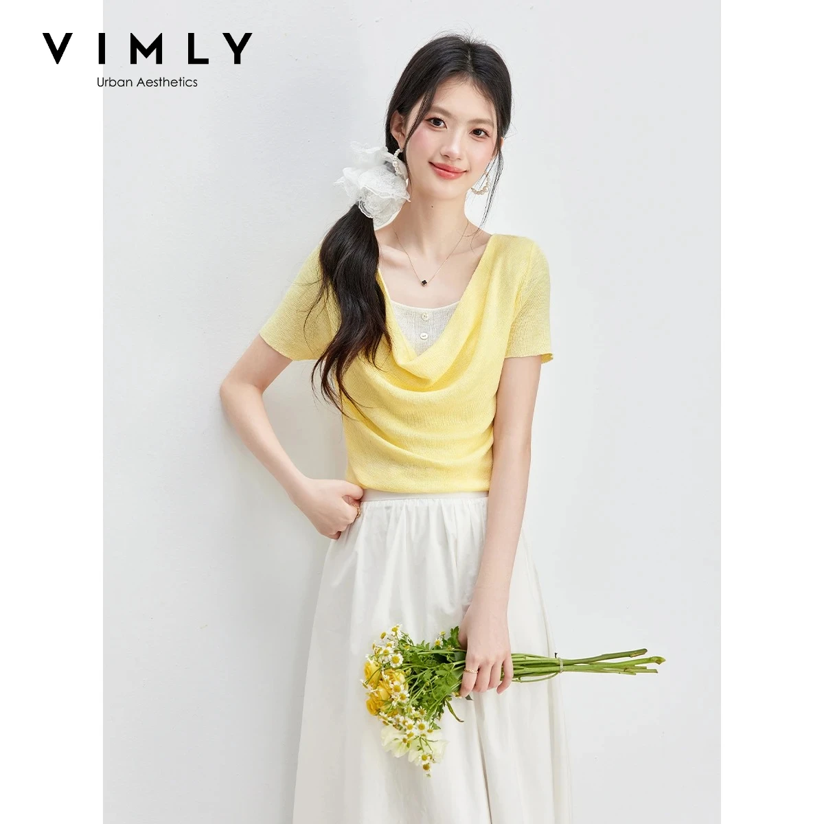 VIMLY Women's Yellow Short Sleeve T-shirt Summer 2026 Swinging Collar Fake Two-piece Contrasting Color Slim Fit Top 31206