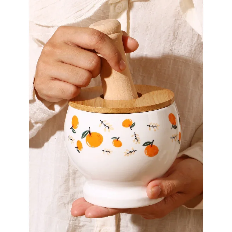 Ceramic Mortar and Wooden Pestle Set,Kitchen Mill Gadget for Spices,Herbs,Garlic,Pepper with Anti-Slip Base,Finest Grinding Tool