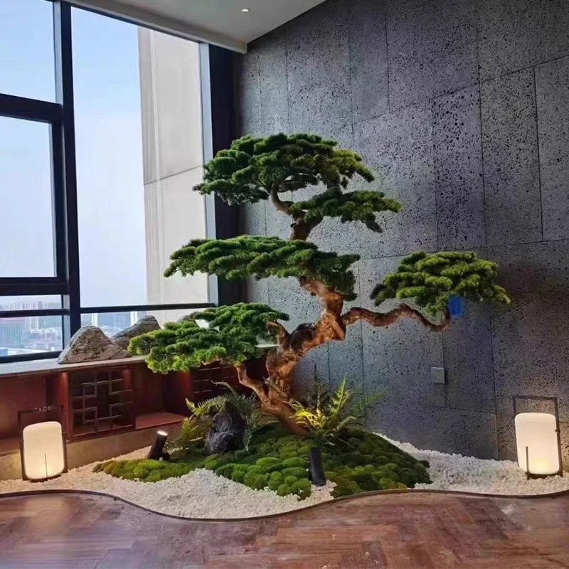 L-Artificial Greeting Pine Pine Tree Podocarpus Macrophyllus Large Fake Trees Green Plant Landscape Hotel Hallway Landscape