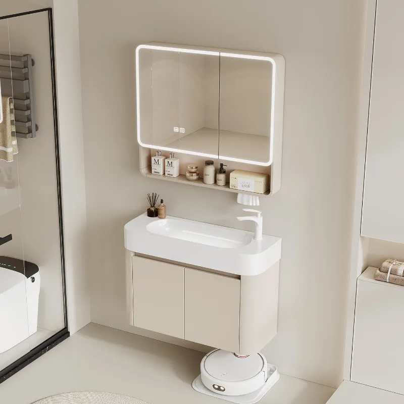 Cream style bathroom cabinet combination ceramic integrated washbasin small apartment extremely narrow washbasin