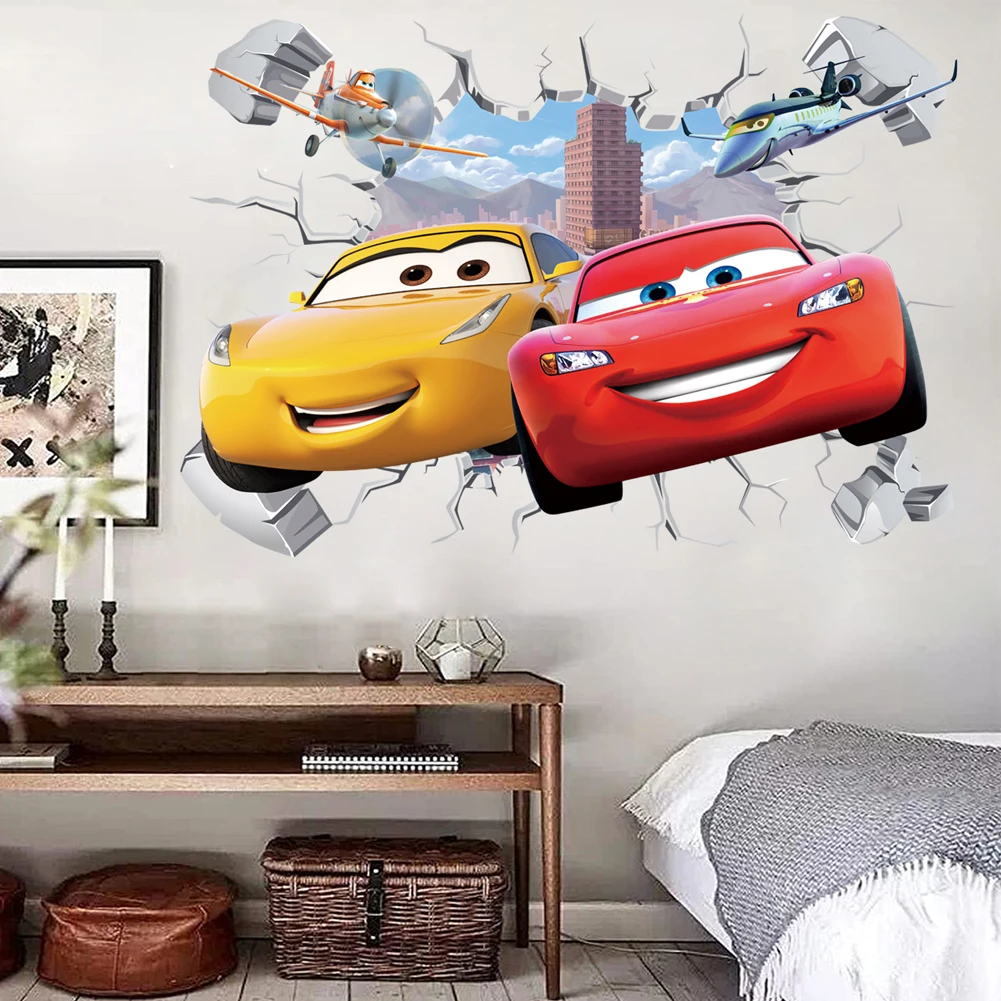 3D Brokenwall saetta McQueen cartoni animati auto decorazioni murali decalcomanie per ragazzo camera da letto camera dei bambini carta da parati