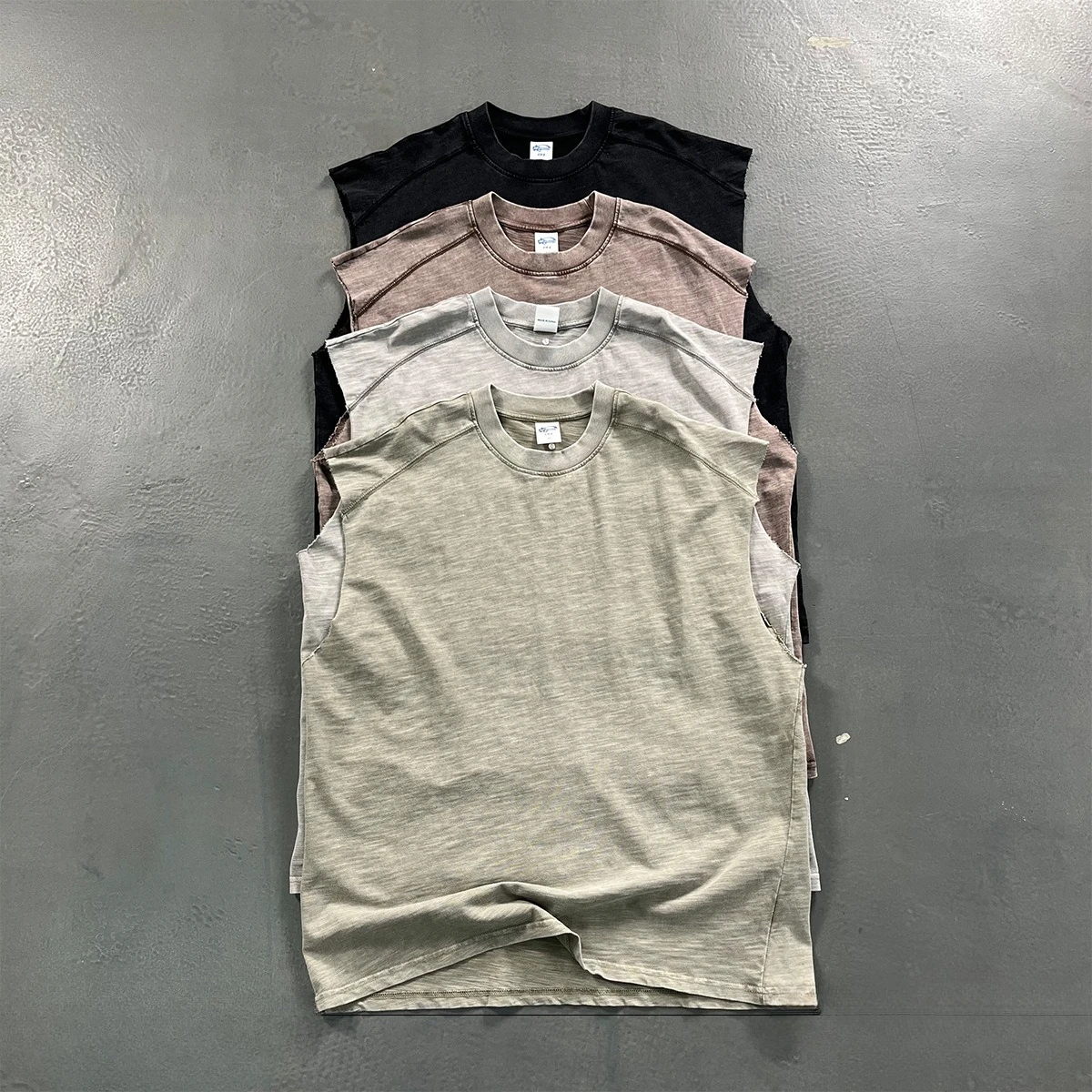 Custom LOGO men's women's 275G washed water old 100% cotton vest loose-edge sleeve splicing retro lazy wind couple top