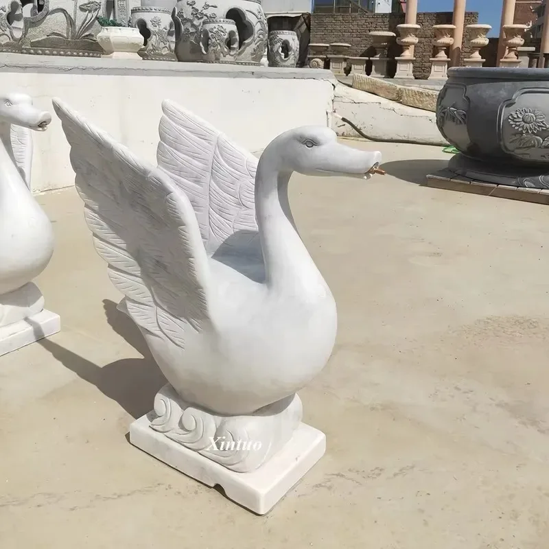 high quality handmade traditional outdoor marble stone swan waterfall fountain, natural appearance, life size,