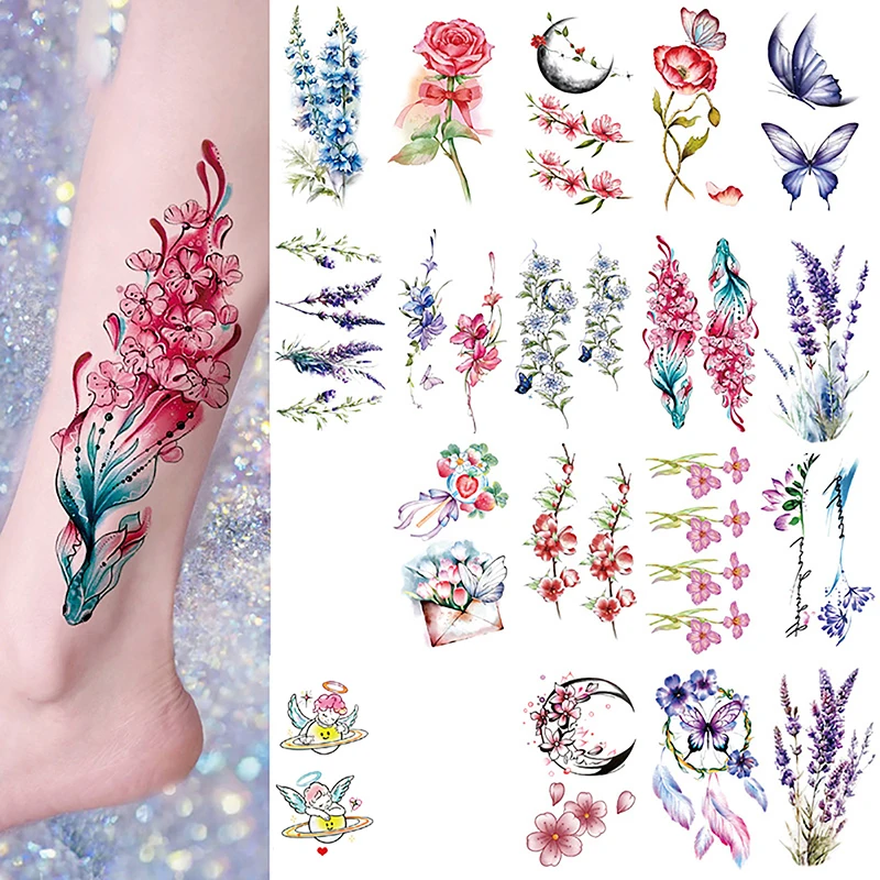 Small Waterproof Temporary Tattoo Sticker Colorful Feather Flower Leaves Planet Moon Women Body Art Wrist Neck Fake Tattoos Men