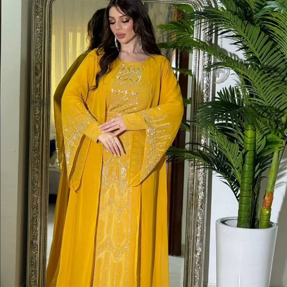 

2026 Eid Muslim Dress Ramadan Hijab Abaya Women Jilbab Kebaya Chiffon Sash Rhinestone Evening Dresses Islam Clothing Kaftan Robe