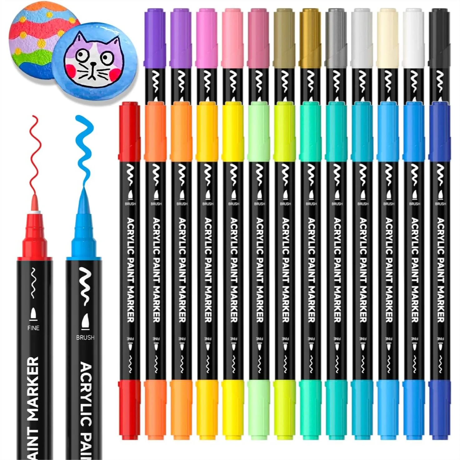 

25 Colors Dual Tip Acrylic Paint Markers, Brush & Fine Tip for Rock, Wood, Canvas, Glass, Ceramic, DIY Crafts