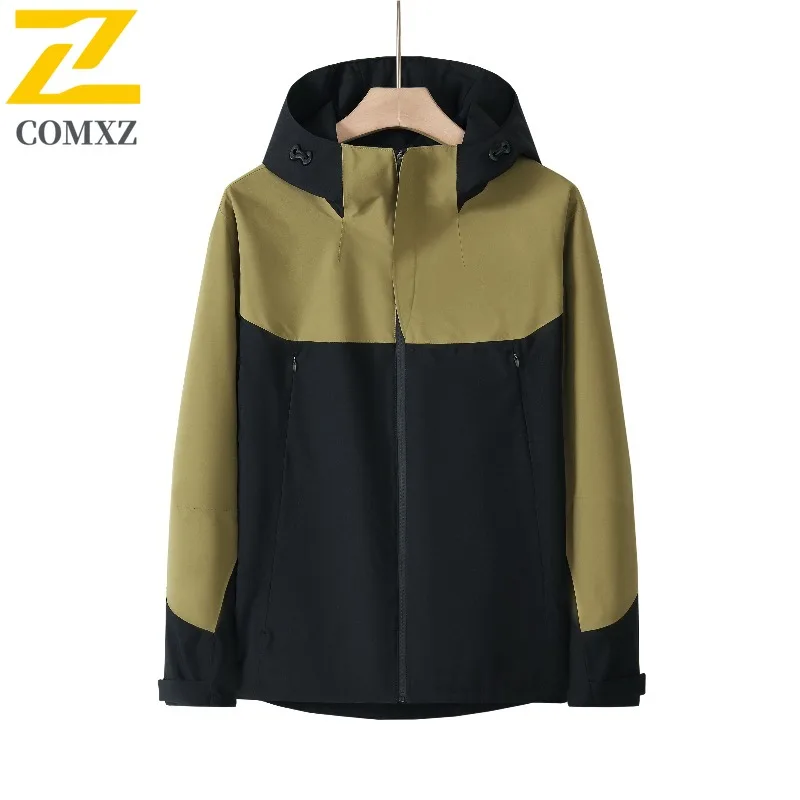 

COMXZ 2025 Outdoor Color Block Couple Hooded Work Jacket Waterproof Sport Casual Long Sleeve Windbreaker Unisex Waterproof Coat