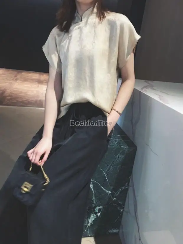 2025 chinese style linen jacquard qipao collar champagne color elegant short sleeves blouse for women girl