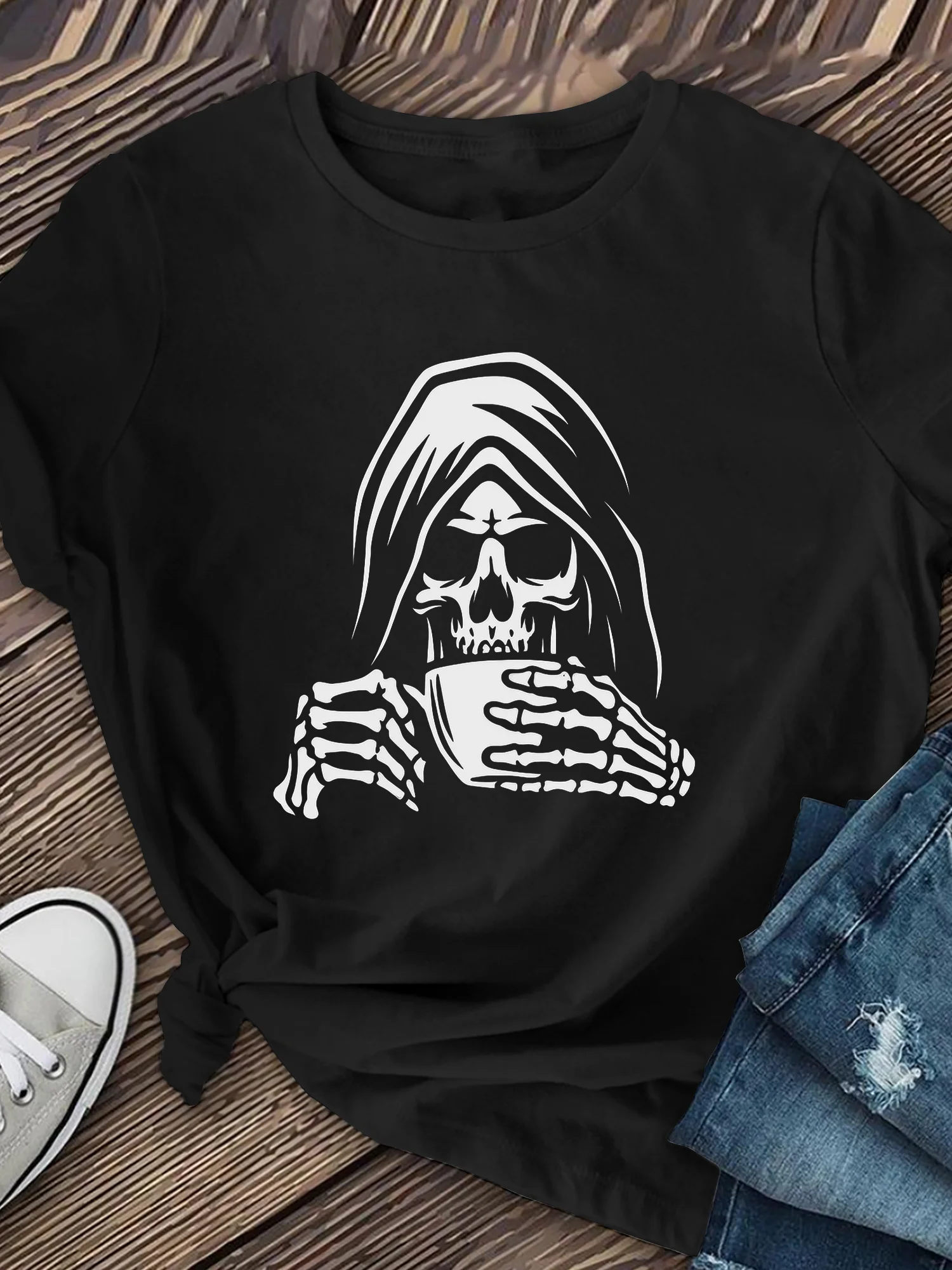 

"Skeleton Drinking Tea Women'S Casual Halloween " Graphic T-Shirt - Short Sleeve, Round Neck, Light Gray with Black Design