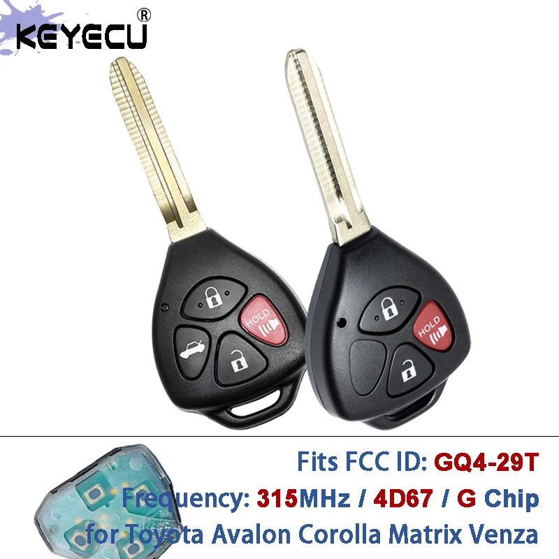 KEYECU FCC ID: GQ4-29T 315 MHz 4D67/G Chip Ersatz 3-Tasten-Fernschlüsselanhänger TOY43 für Toyota Avalon Corolla Matrix Venza