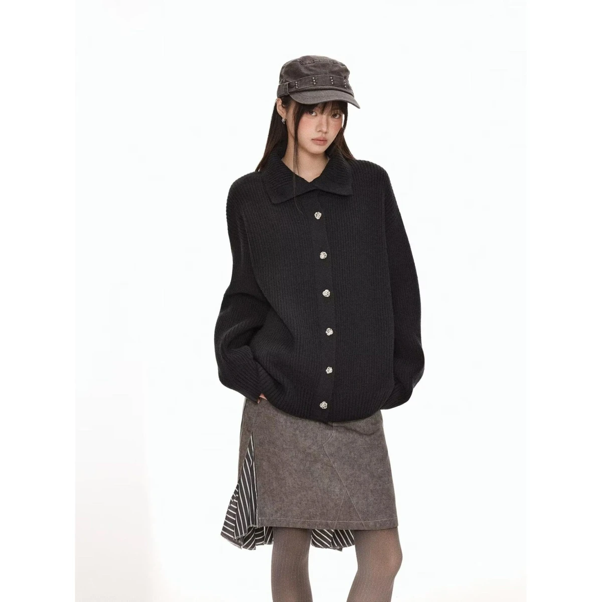 

American Retro Casual V-Ne Knitted Sweater Men's Color Open Cardigan Loose Fit Winter Outerwear Polyester Fiber