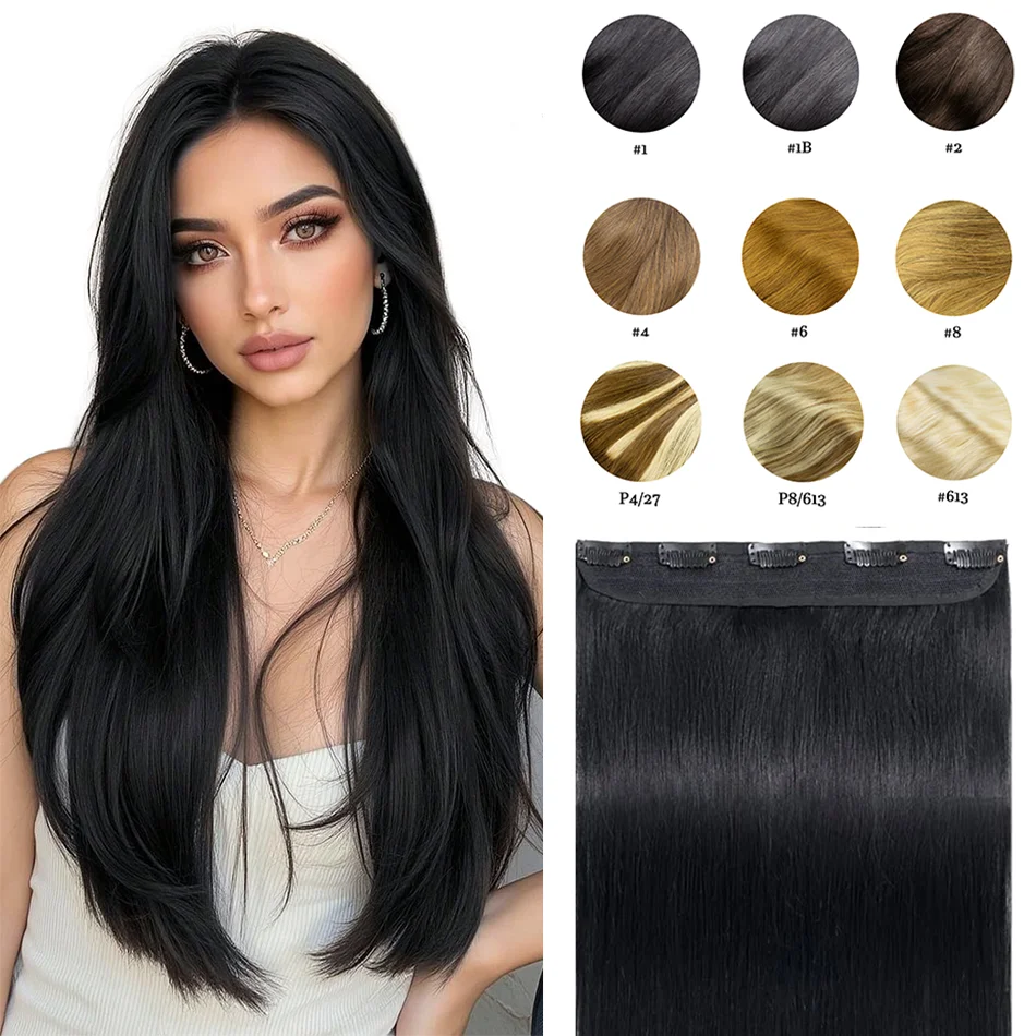 Real Human Hair Clip in Human Hair Extensions One Piece 5 Clips for Women Daily with Add Volume and Length Repeated Use