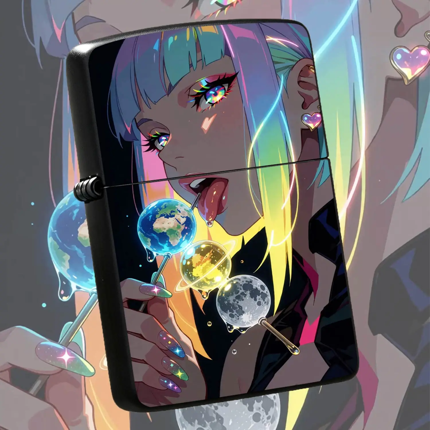 Trendy Cyber Neon Style Fantasy Color Girl Printed Lighter, Creative Planet Lollipop Pattern Portable Igniter, Suitable For Daily Travel, Gathering, Outdoor Use, Exquisite Practical Nice Gift For Friends And Personal Collection, Boost Your