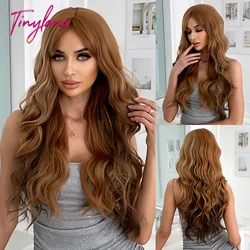 Curly Long Wavy Golden Brown Synthetic Wigs with Bangs for Women Lolita Cosplay Brown Natural Hair Wig Heat Resistant Daily Use
