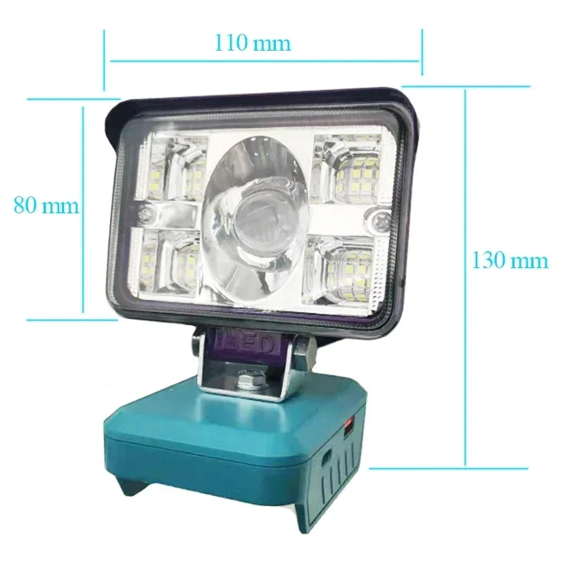 Lente grande lâmpada de trabalho LED para carro, lanterna leve, tipo C USB, banco de potência para Makita, DeWalt, Bosch, Milwaukee, bateria 18V, 3 em