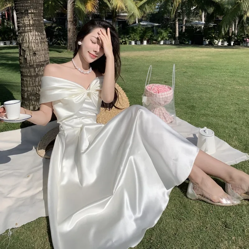 French Satin Off-Shoulder Dress Summer White Elegant Formal Evening Dress Dress Korean Wedding Banquet Dress Y2k Women Clothing