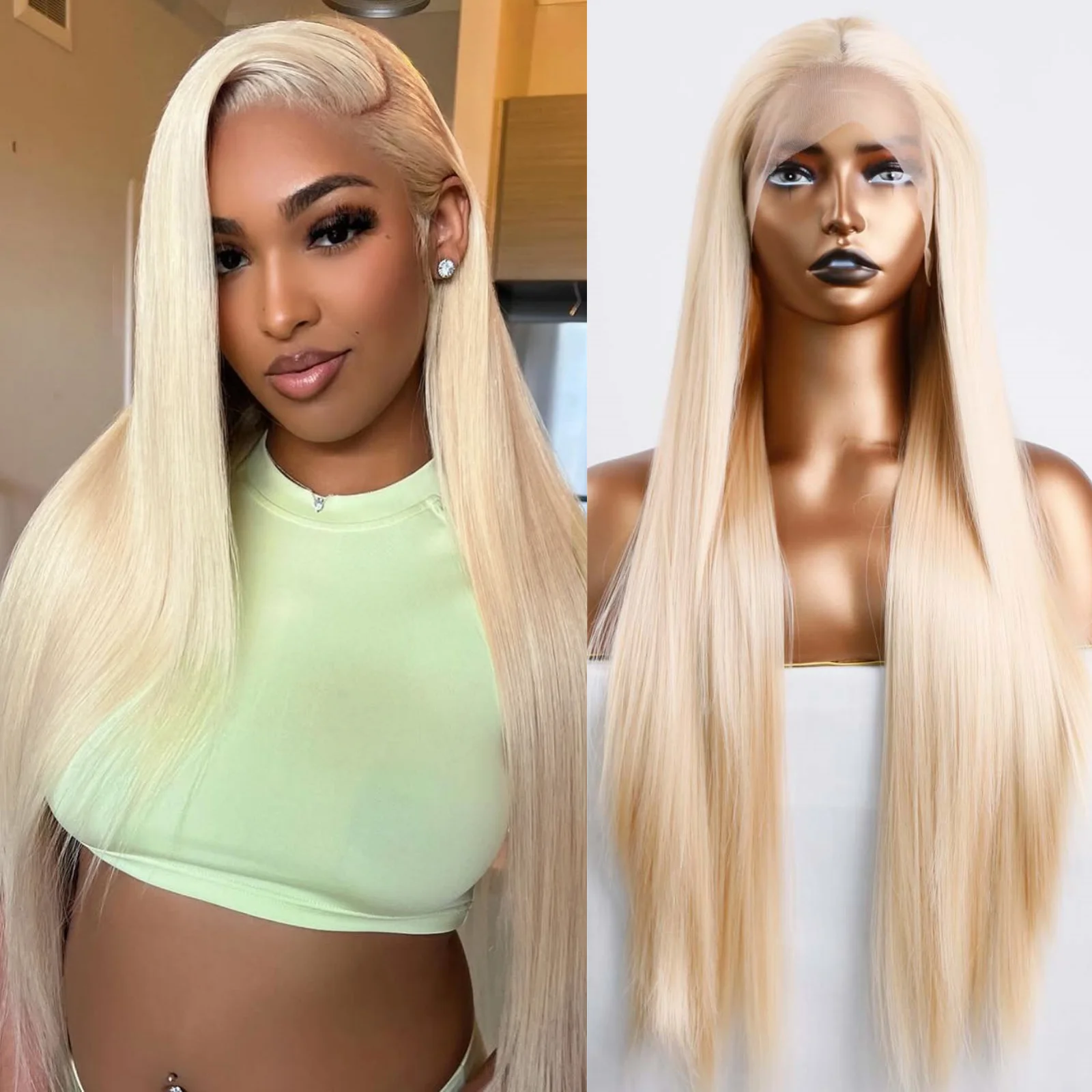 Long Blonde Silky Straight Synthetic Lace Front Wigs for Women Free Part Strawberry Blonde Yaki Straight 13X4 Party Cosplay Wigs