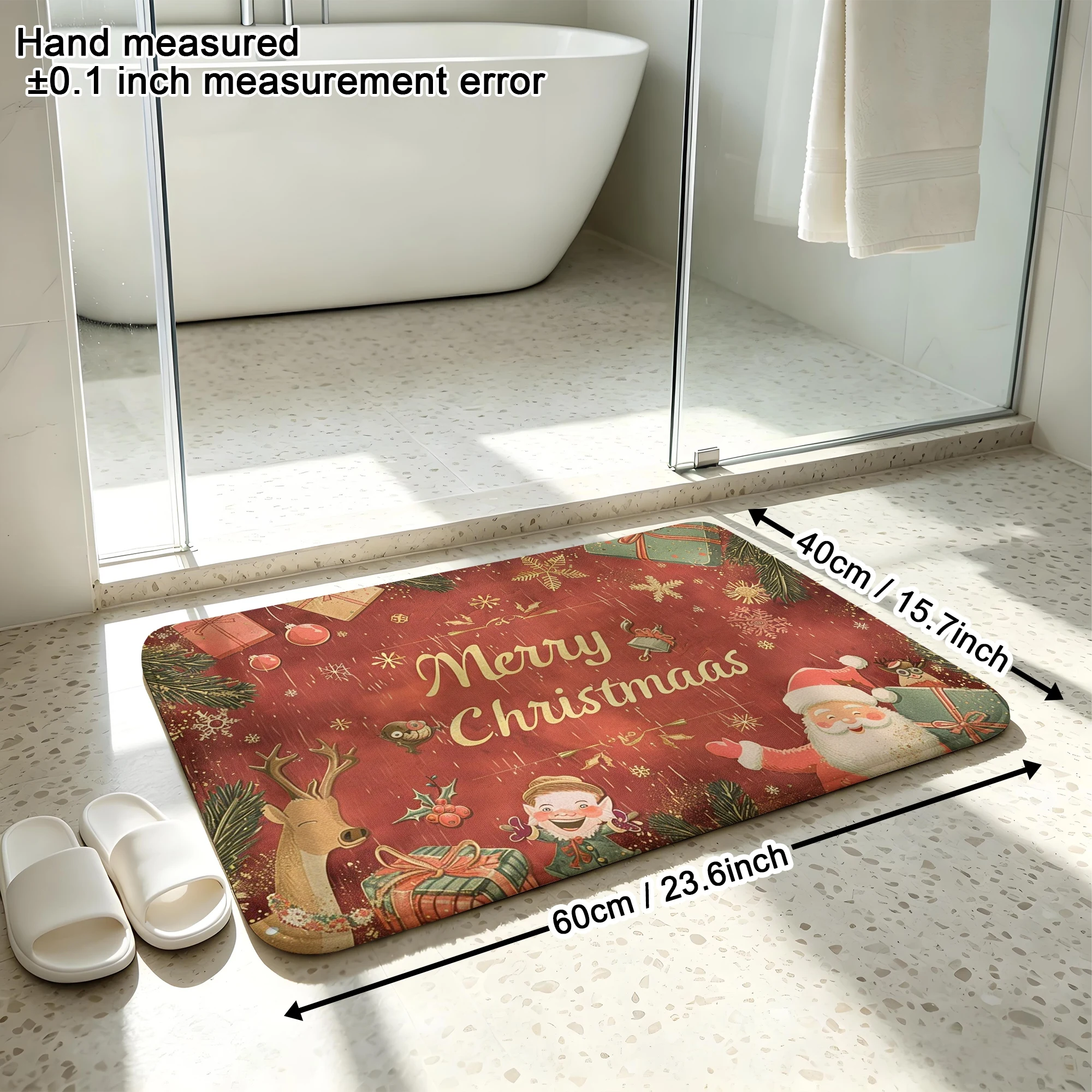 Vintage Santa Elf Reindeer Gift Snowflake Print Plush Absorbent Sponge Mat,Bathroom Non‑Slip Mat & Decorative Door Mat
