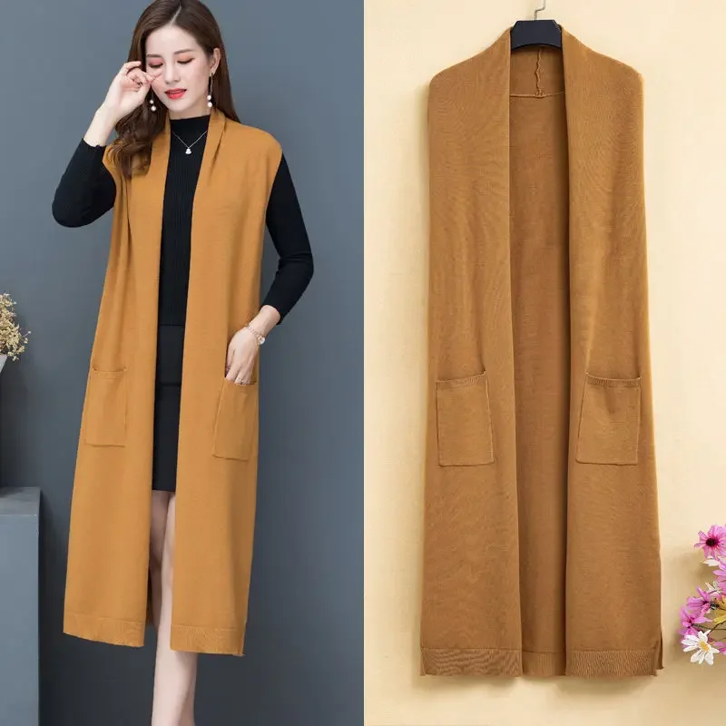 Women Autumn Winter Solid Color Pocket Windbreaker Female Long Trench Vests Outerwear Ladies Clothing Cardigan Waistcoat A49