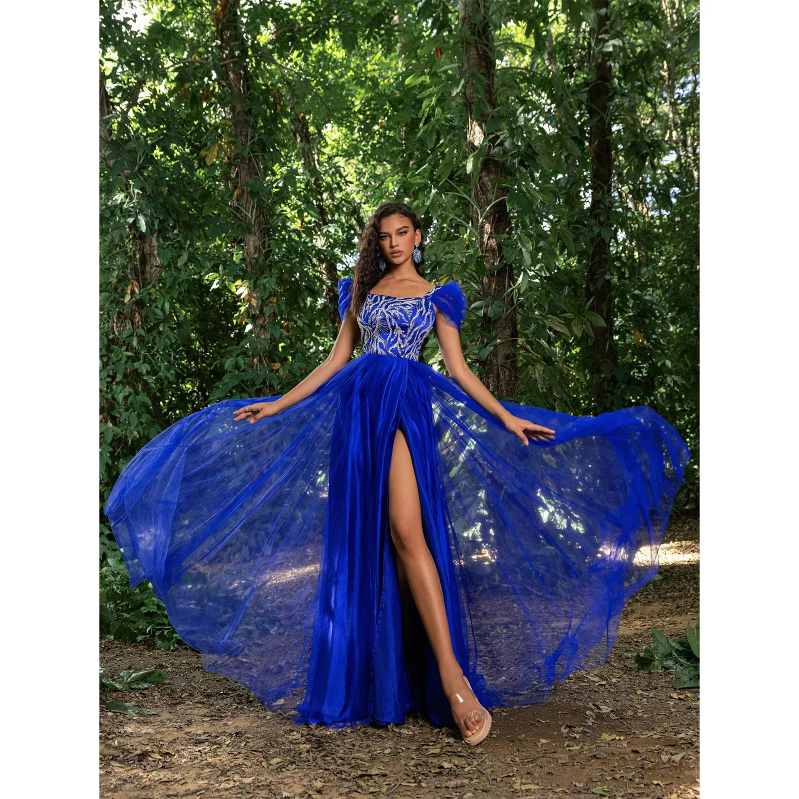 2026 Square Neck Short Sleeve Sequined Mesh A-line Prom Dress. Suitable for red carpet events, formal banquets, etc.