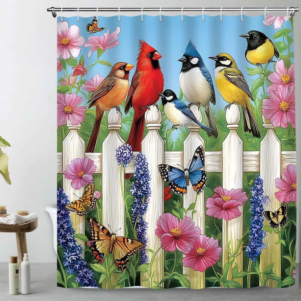 

Floral Bird Shower Curtain Colorful Birds on Wooden Fence Rustic Flower Butterfly Spring Garden Nature Scenery Fabric Bathroom
