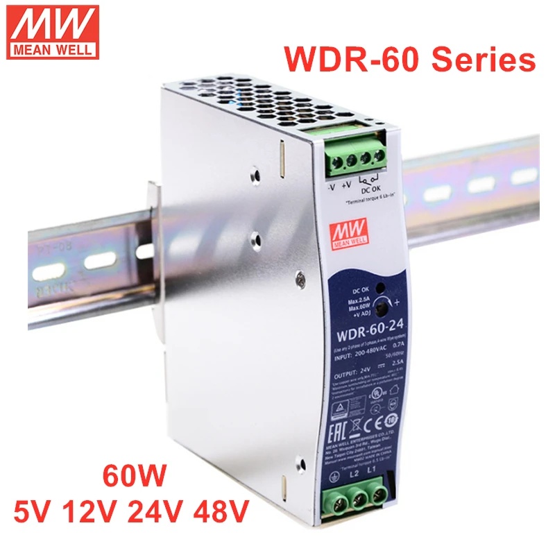 

MEAN WELL WDR-60 Series Ultra Wide Input Industrial Din Rail 60W Slim Power Supply WDR-60-5 WDR-60-12 WDR-60-24 WDR-60-48