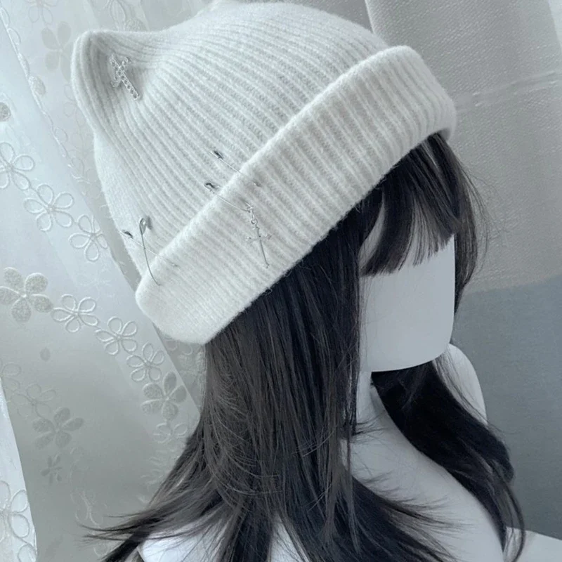 Gothic Knitted Beanie Hat for Women Y2K Cat Ear Hat Handmade Crochet Skull Hat Female Teens Subculture Headwear