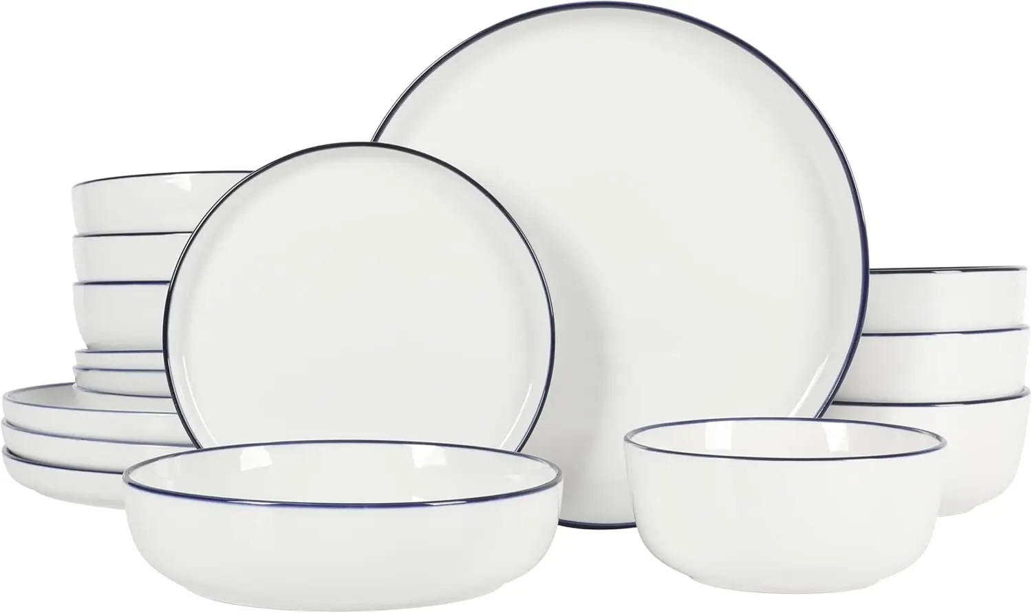 

16-Piece Porcelain Dinnerware Set, Microwave & Dishwasher Safe, White with Blue Rim Plates and Bowls