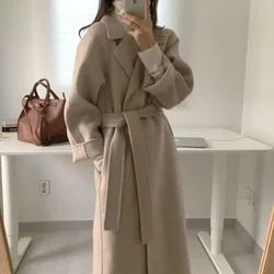 Long Wool Coats Women Midi Waist Lace Up Belt Blends Splice Full Sleeve Cardigan Solid Thick Warm Jackets Straight Winter
