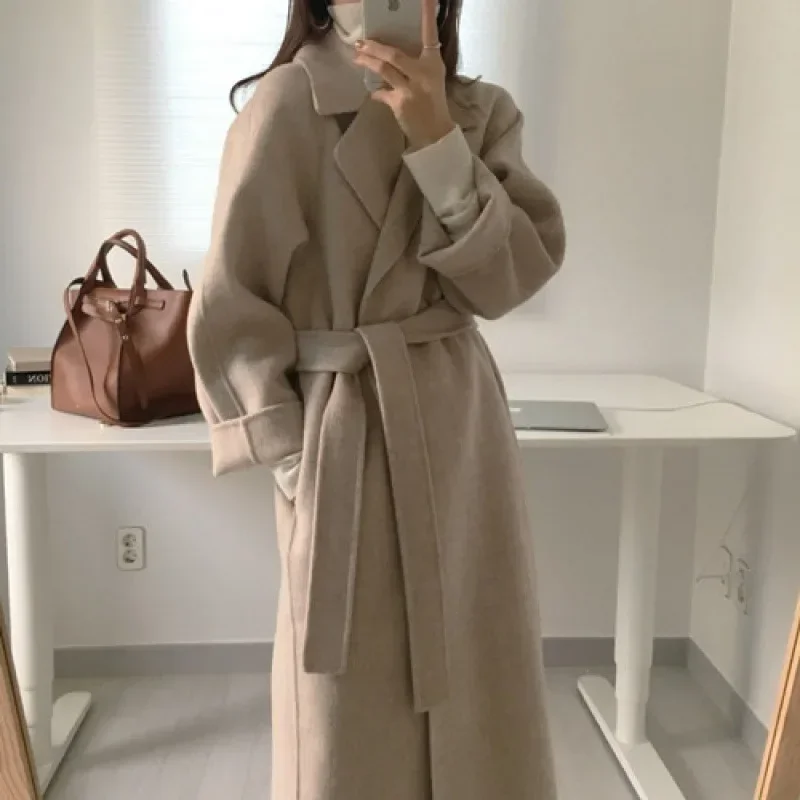 Long Wool Coats Women Midi Waist Lace Up Belt Blends Splice Full Sleeve Cardigan Solid Thick Warm Jackets Straight Winter