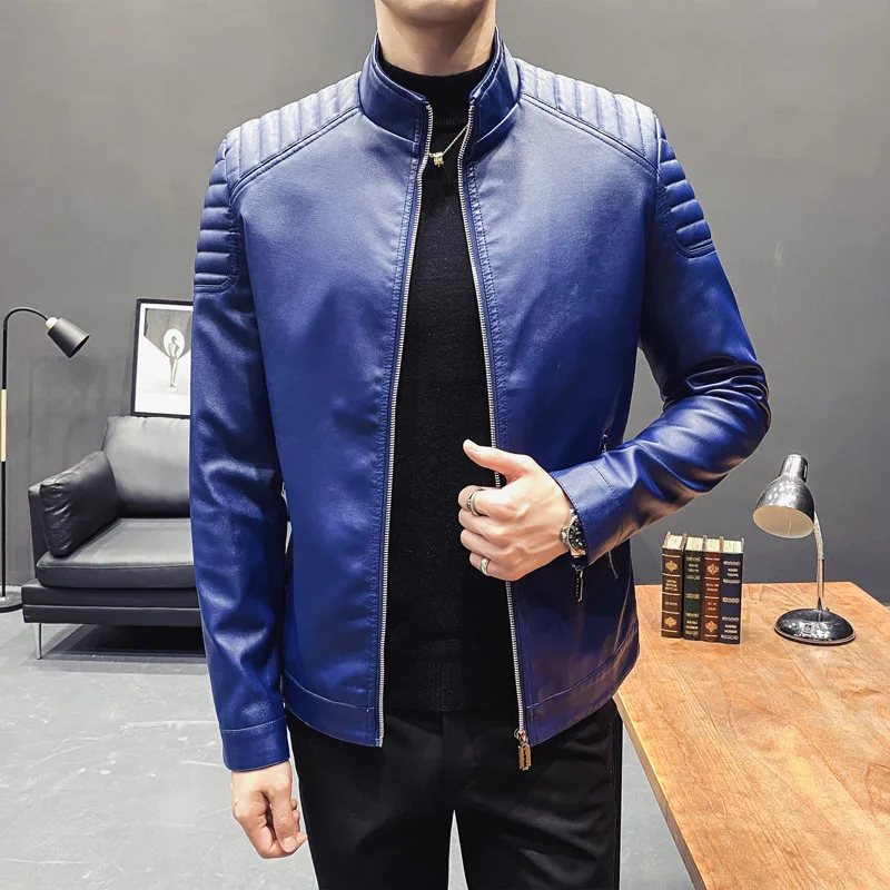 

Spring 2023 Men's Slim Fit Motorcycle Leather Jaet Stand Collar Biker Coat Casual Long Sve Polyester Fiber No Brand