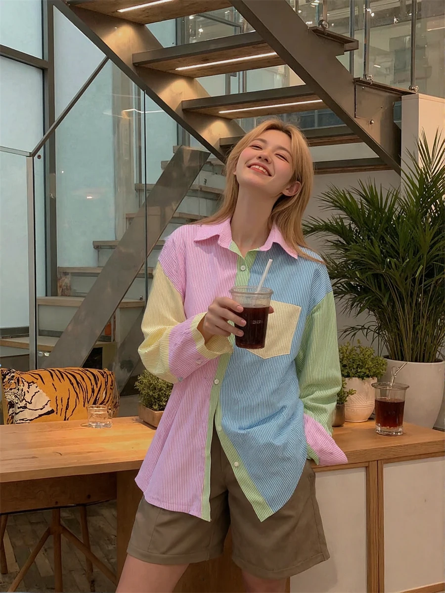 

Casual Patchwork Shirt for Women in Candy Colors with Striped Design Lightweight Long Sleeves and a Korean Streetwear Look