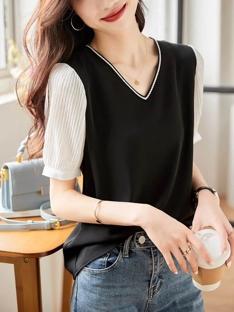 Elegant Silver Thread Weave Band V-Neck Top Women's Color Block Loose Short Sleeve Chiffon Shirt Summer New Arrival