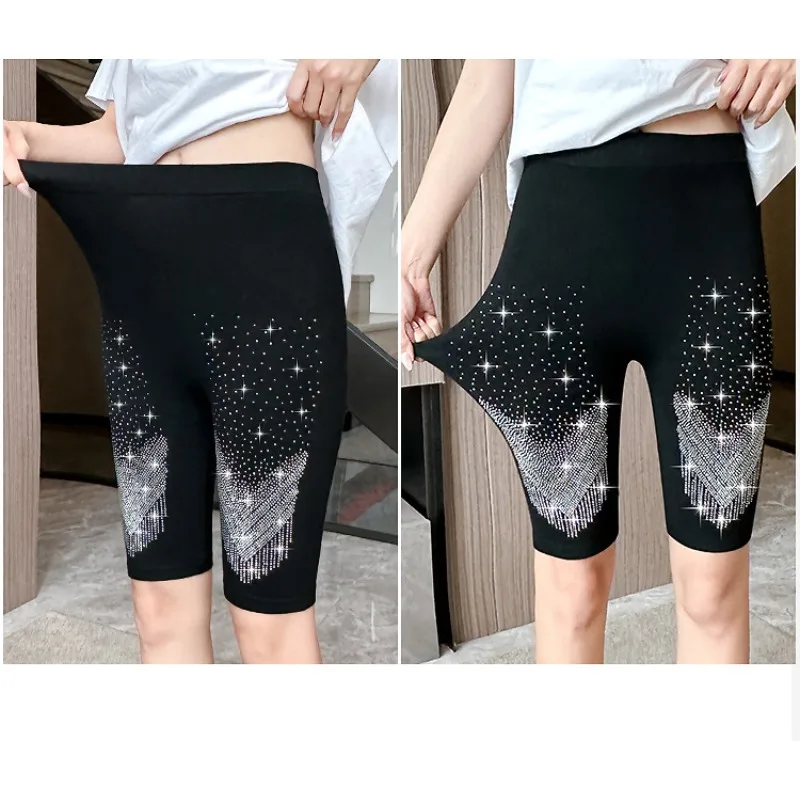 Black Stretch Rhinestone Skinny Shorts Women Leggings Stars Letter Hot Drilling Knee-length Elastic Short Pant Slim Yoga Legging