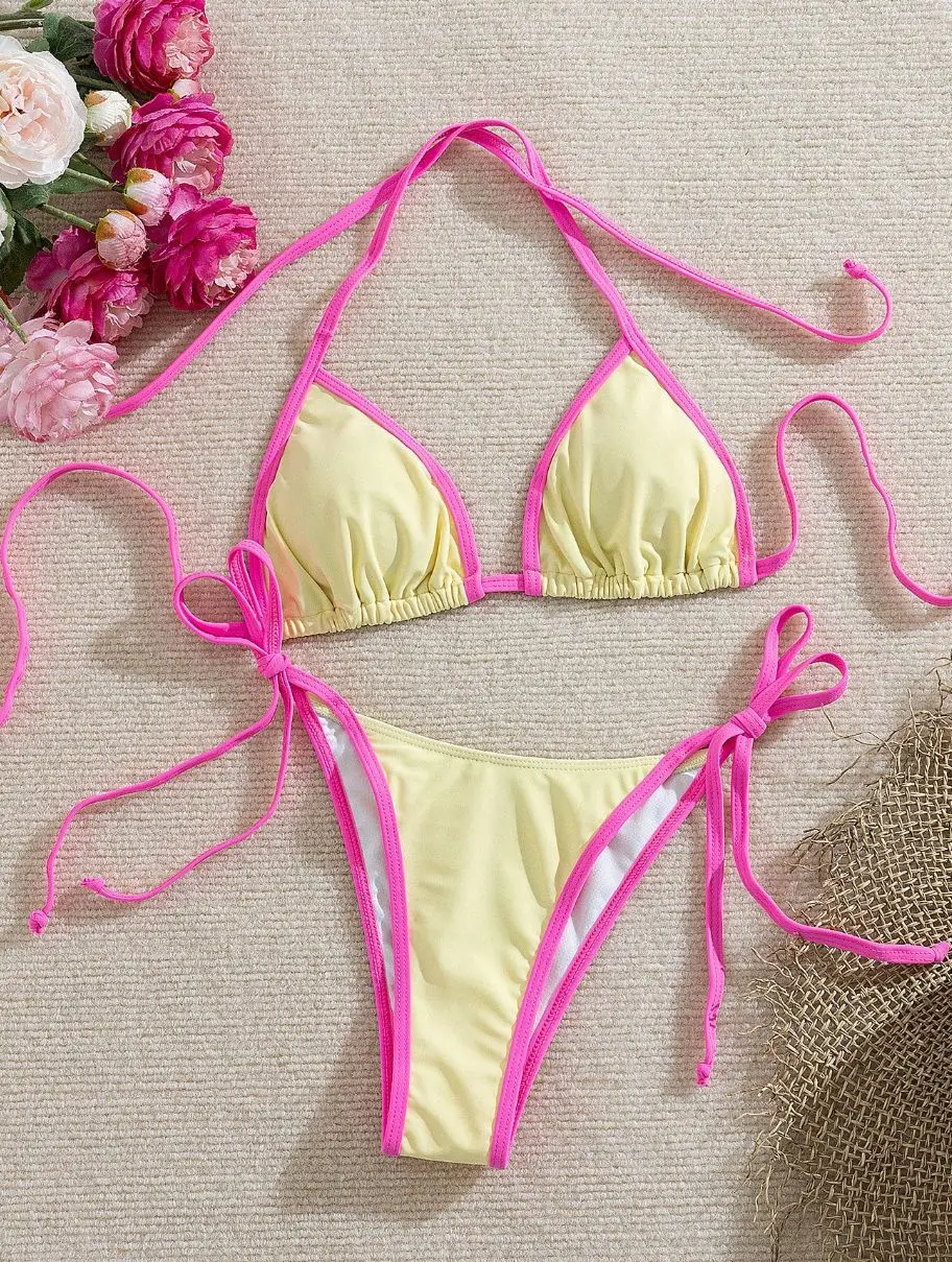 Women Vintage Two Tone Contrast Two Piece Bathing Suit Bikini Edge Binding Halter String Side Tie Bathing Suits Pool Swimwear