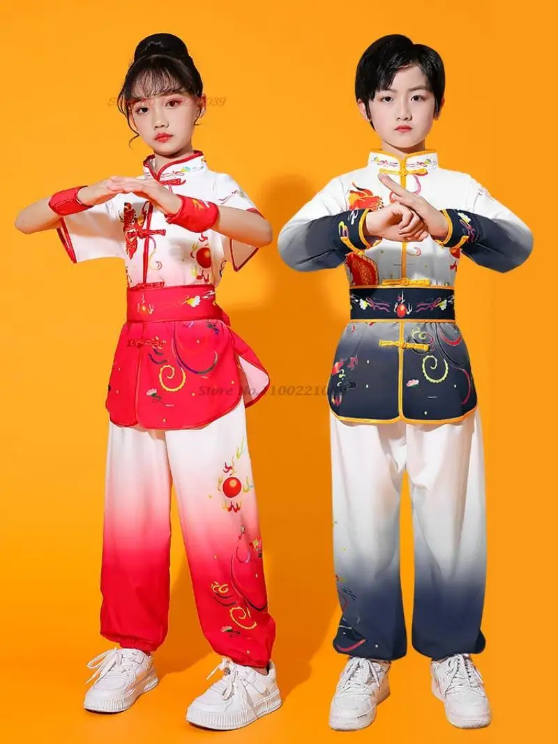 2024 traditional chinese children vintage kungfu set dragon print wushu clothing taiji uniform martial arts performance clothes