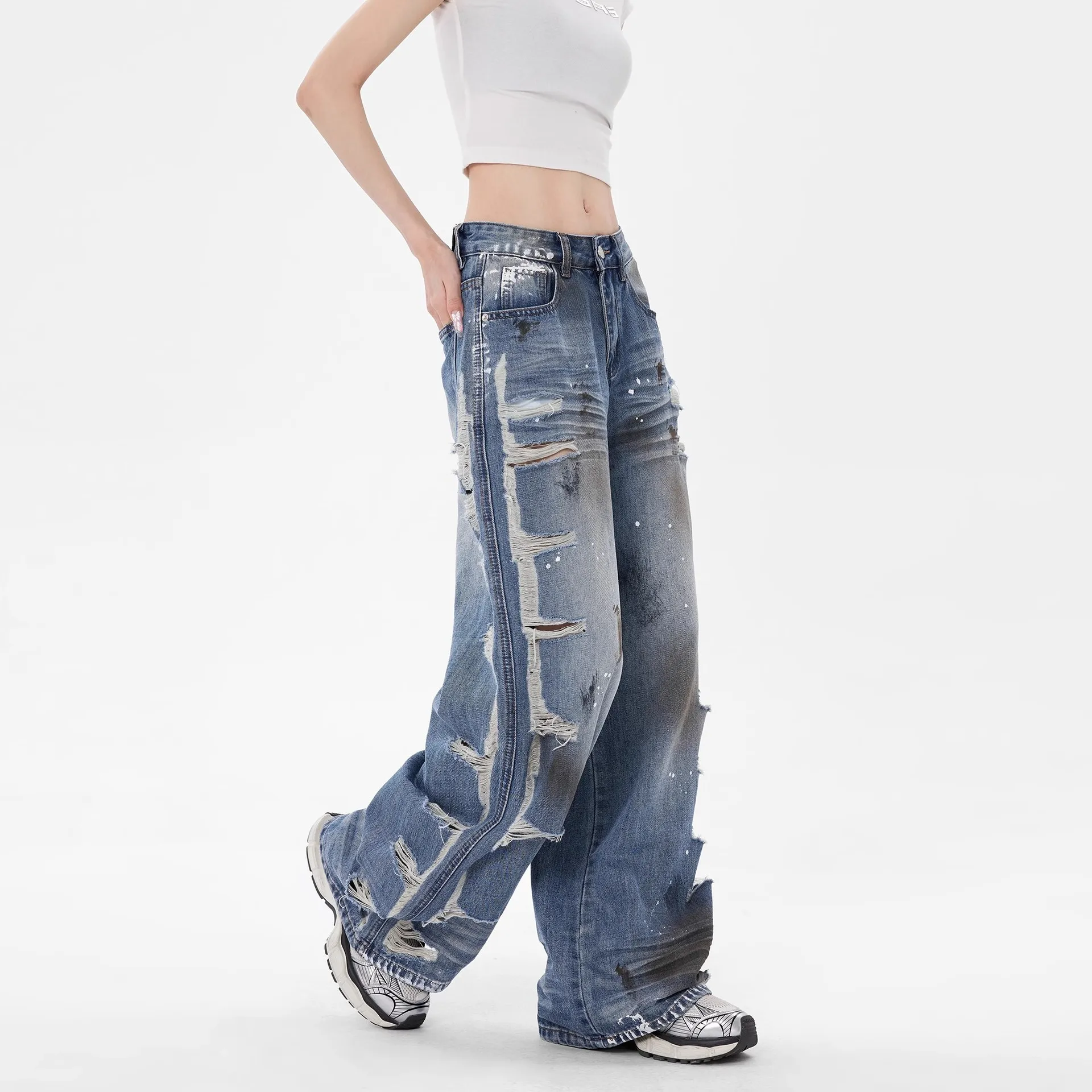 

Loose Fit Wide Leg Distressed Denim Pants Women: Vintage High Waist Ripped Jeans Light Wash Raw Hem Casual Y2K Street Fashion XL