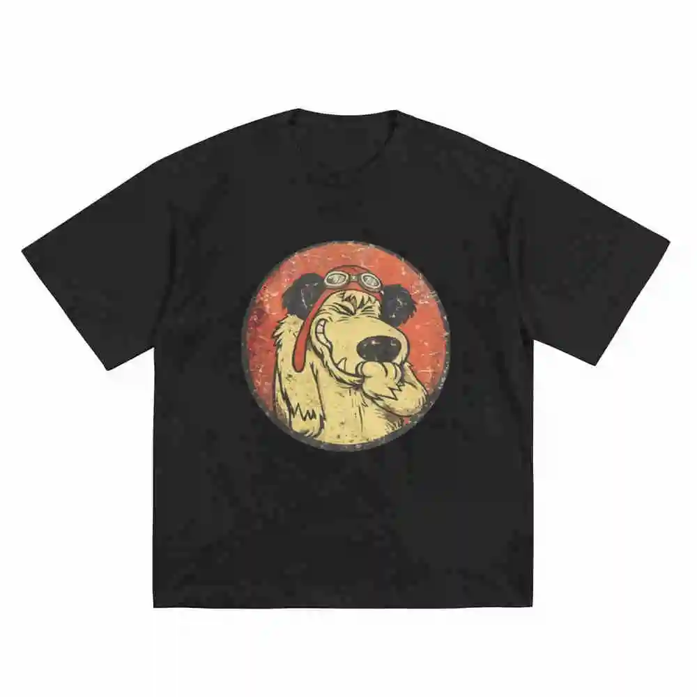 Muttley Pilot Dog Portrait Goggles Scarf Distressed Vintage Flight Short Sleeve Tee 100% Cotton T-Shirt view 2