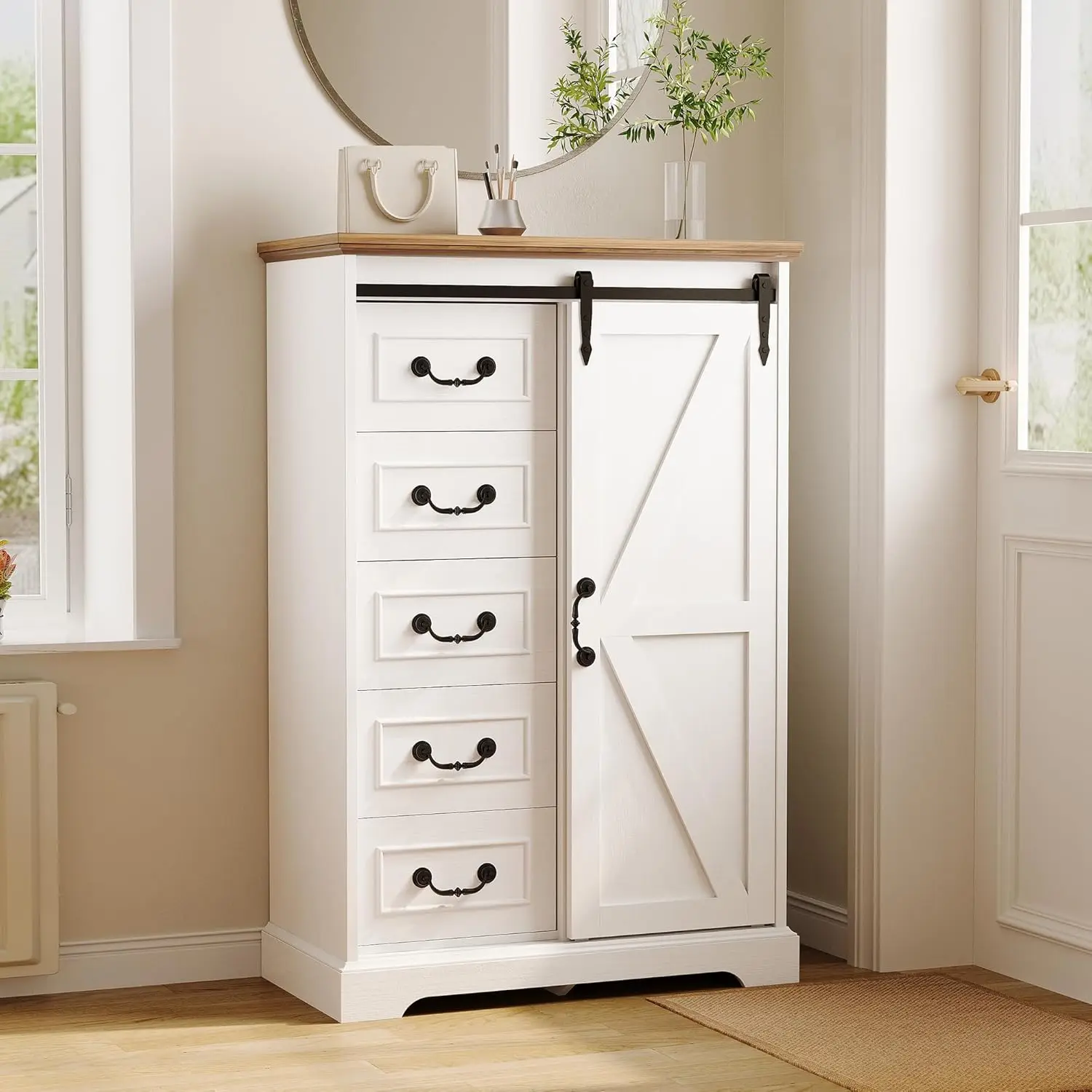 

5 Drawers Dressers for Bedroom, Farmhouse Dresser Chest of Drawer with Sliding Barn Door,48” Tall Dresser Storage Organizer