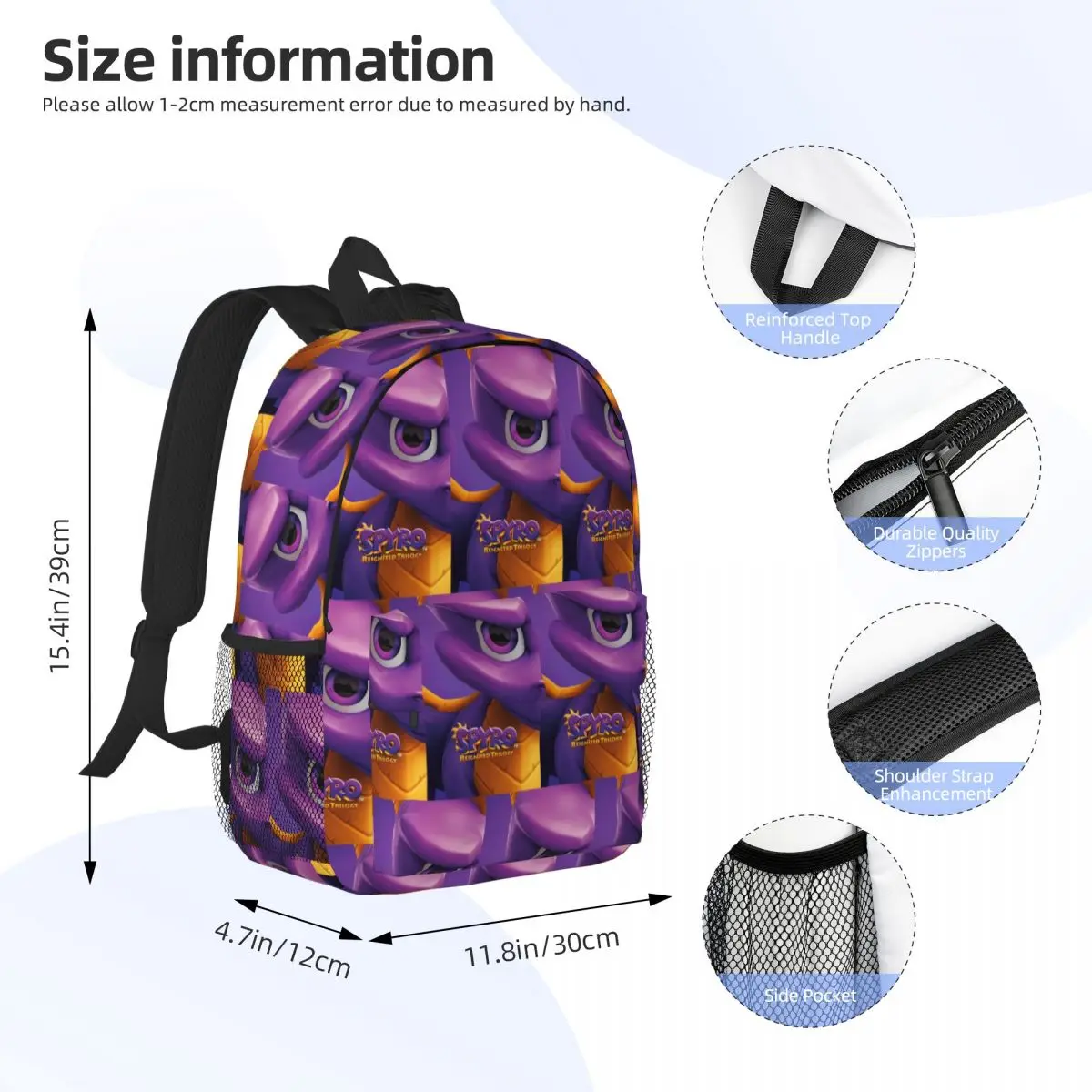 Spyro The Dragon Spyro Backpack Student Boys Girls BookBag Men Women School Bag Laptop Shoulder Bags