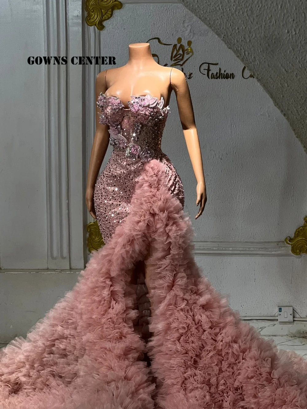 Blush Pink Mermaid Diamond Prom Dress For Black Girl Puffy Floral Ruffled Tulle High Slit Evening Gown Party Dress Customized