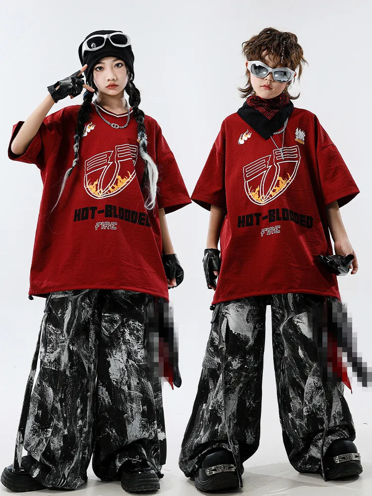 

Комплект для уличных танцев для мальчиков, костюм для джазовых танцев для девочек, наряд в стиле хип-хоп, детская танцевальная одежда, красные топы, брюки-карго