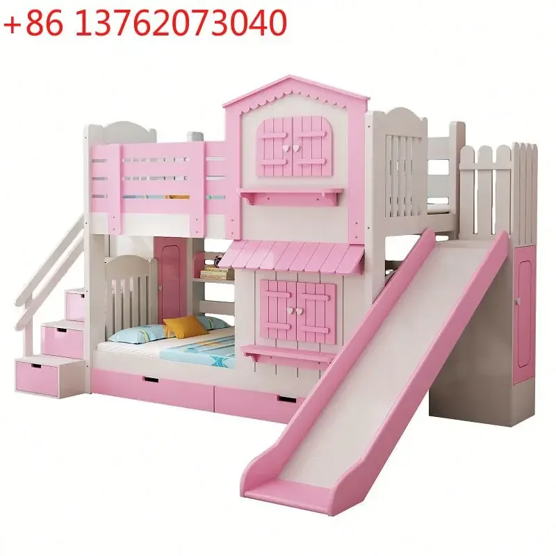 All solid wood children's bunk bed multifunctional children's castle slide bed Bunk Bed with Storage