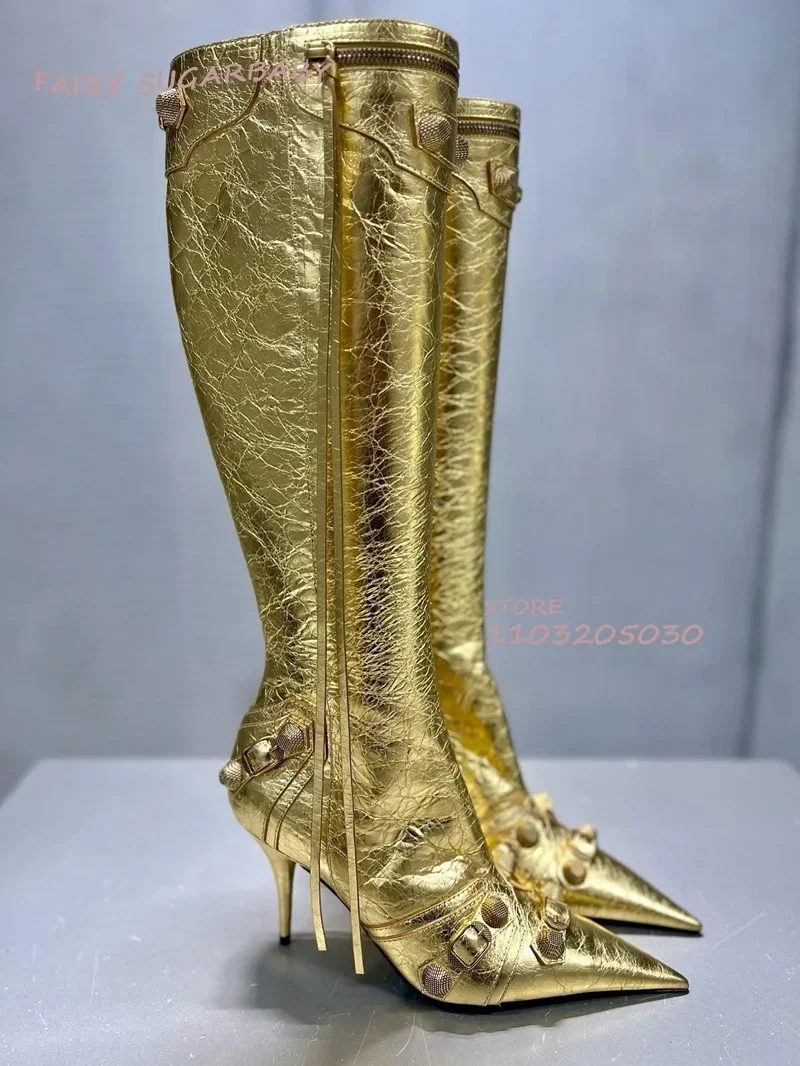 

Tassel Rivets Cool Gold Fine Plaid Scale Boots Girl Stiletto Heel Zipper Knee Booties Black Leather Yellow Glossy Pointed Shoes