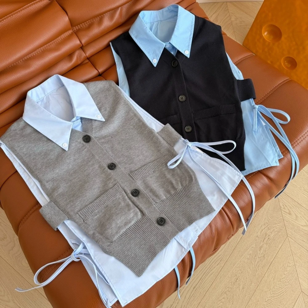 

New Womens Shirt Two Piece Set Sleeveless Knit Cardigan Vest Sweater Top Casual Preppy Style Outfit for Daily Office Streetwear