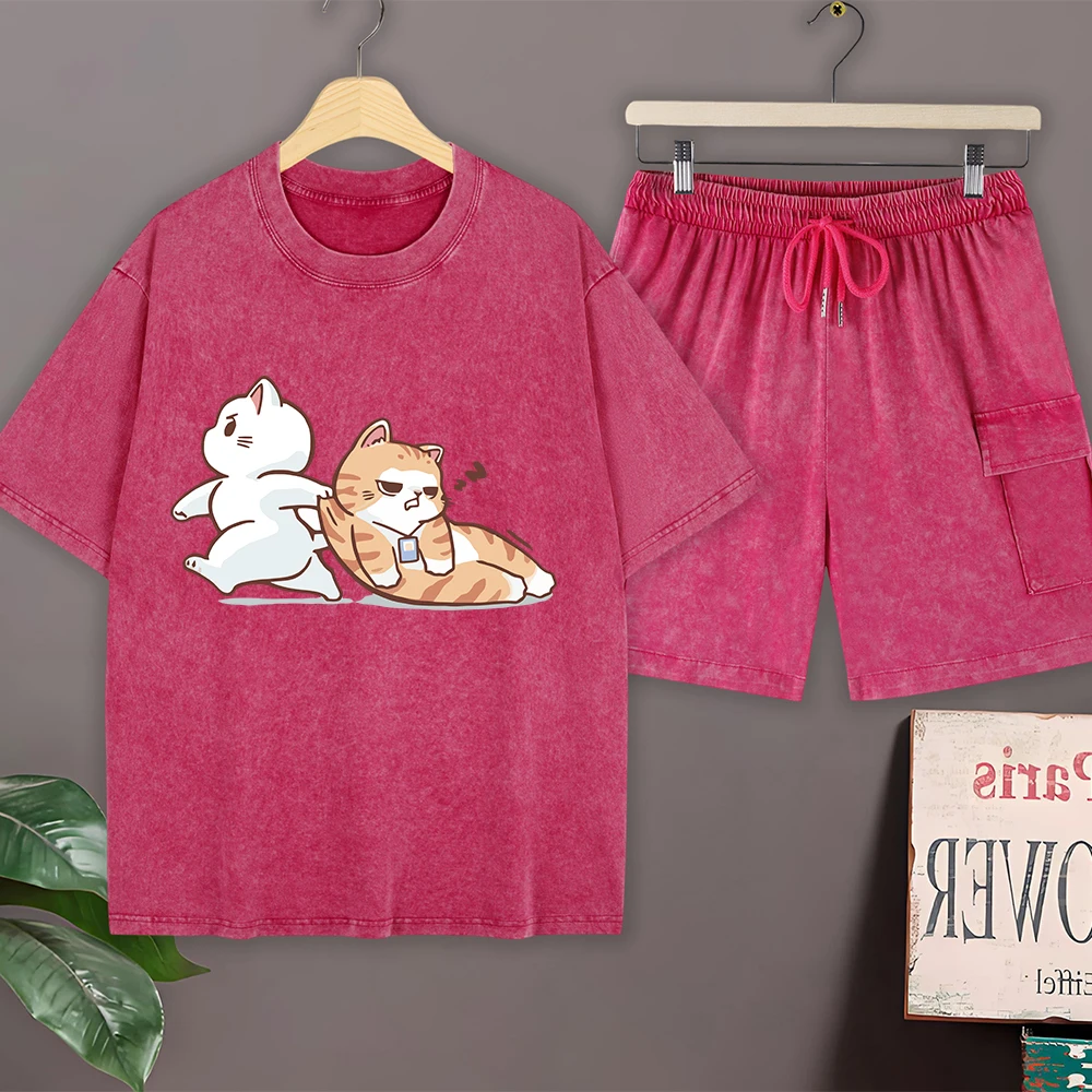 Save The Sleeping Cat Cotton Washed T-Shirt Set Mens Summer Oversized T Shirt Pants O-Neck Short Sleeve Tops Casual Cargo Shorts