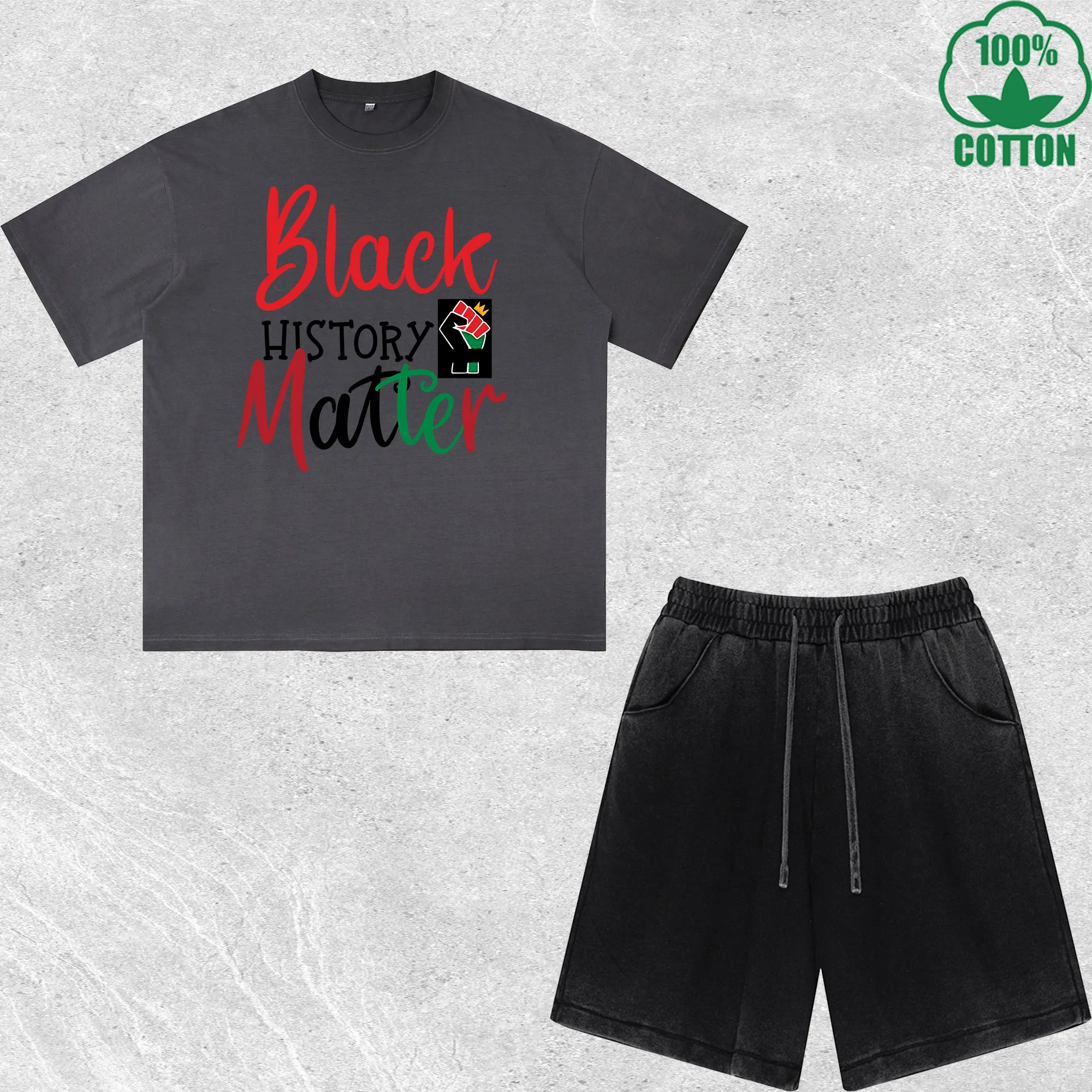 

Black History Matter Printed Dirty Wash T-Shirt Shorts Set Combo Loose Trendy Fashionable 100%Cotton Short Value Pack