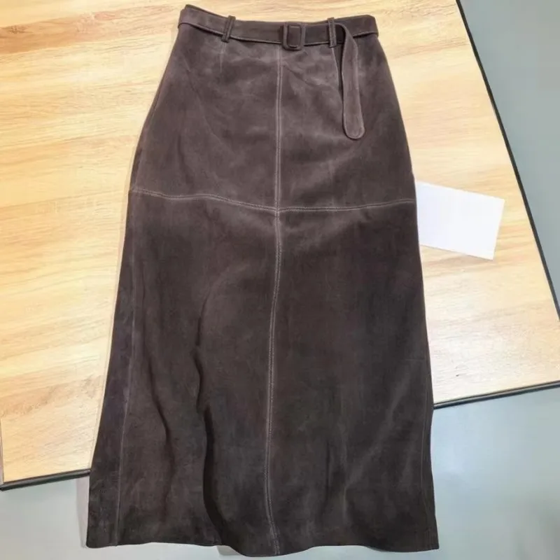 Retro dames effen kleur echt leer suède lange rokken 88cm hoge taille riem schapenvacht handgemaakte knielengte rok vintage - afbeelding 1